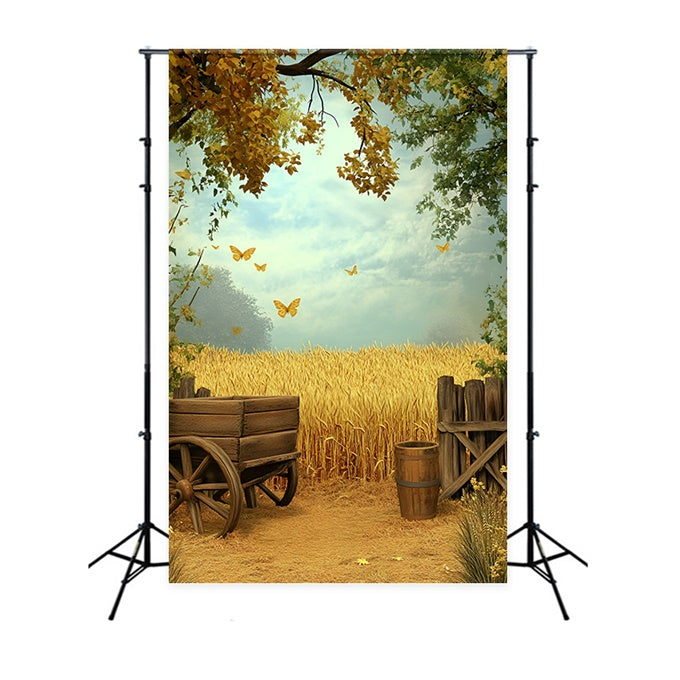 Toile de fond Automne Champ de Blé Doré Papillons GQ5-86