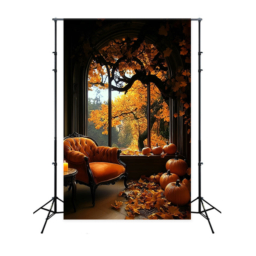 Toile de fond Automne Pièce Confortable Citrouilles Fenêtre GQ5-87