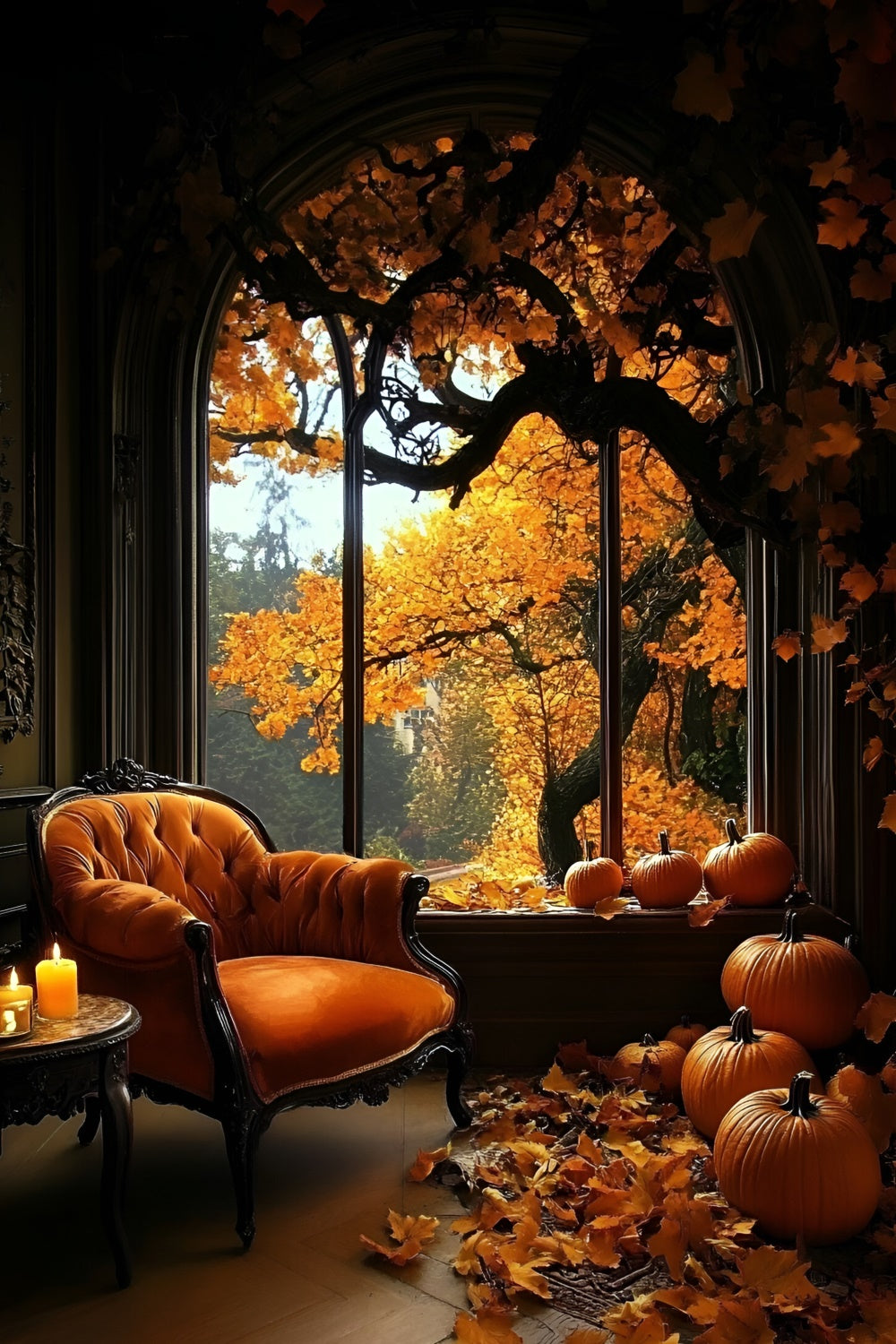 Toile de fond Automne Pièce Confortable Citrouilles Fenêtre GQ5-87