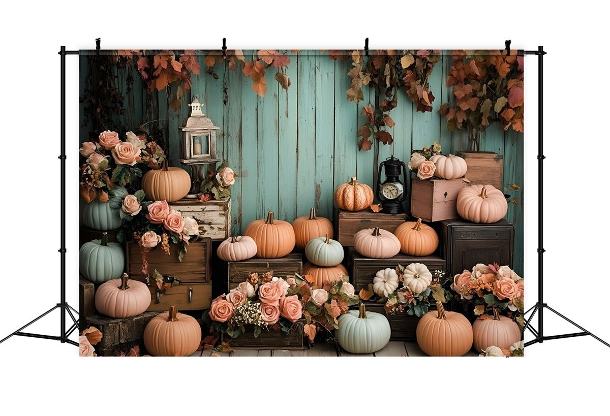 Toile de fond Automne Mur en Bois Menthe Citrouilles GQ5-89
