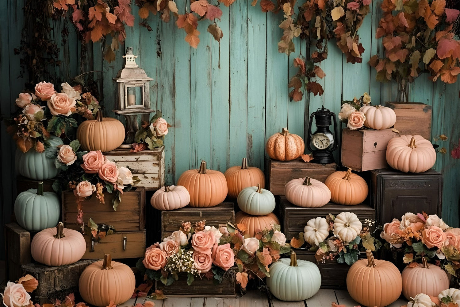 Toile de fond Automne Mur en Bois Menthe Citrouilles GQ5-89