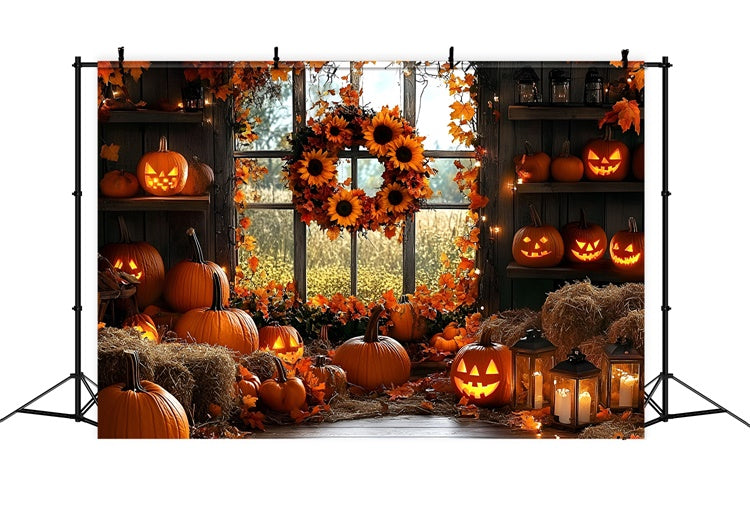 Toile de fond Automne Citrouilles Halloween Couronne Tournesol GQ5-91