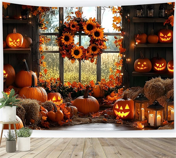 Toile de fond Automne Citrouilles Halloween Couronne Tournesol GQ5-91