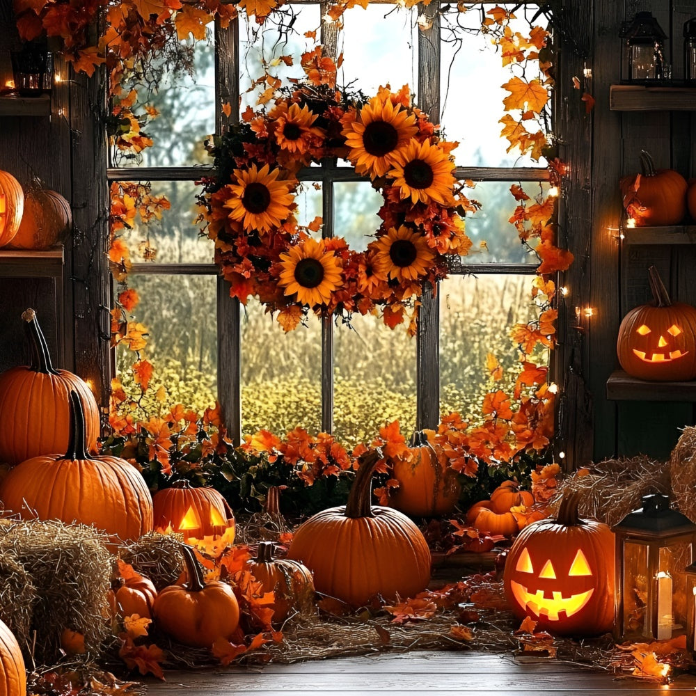 Toile de fond Automne Citrouilles Halloween Couronne Tournesol GQ5-91