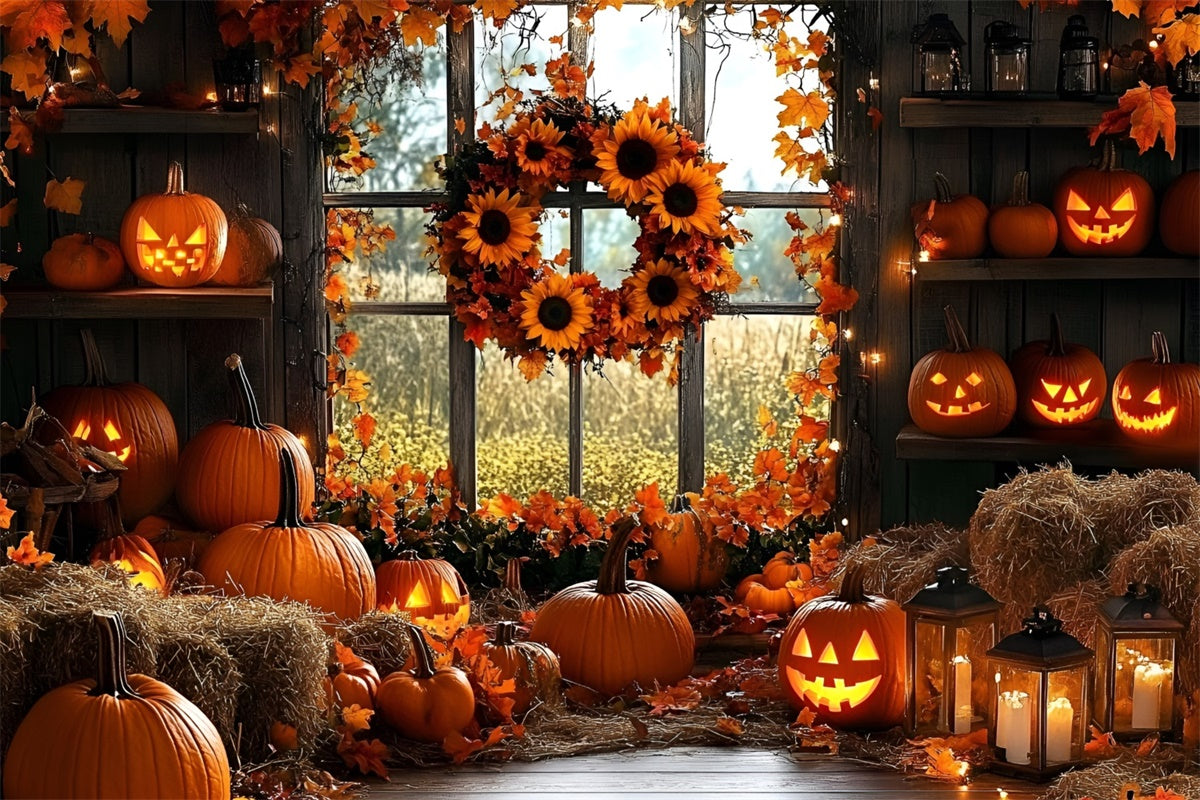 Toile de fond Automne Citrouilles Halloween Couronne Tournesol GQ5-91