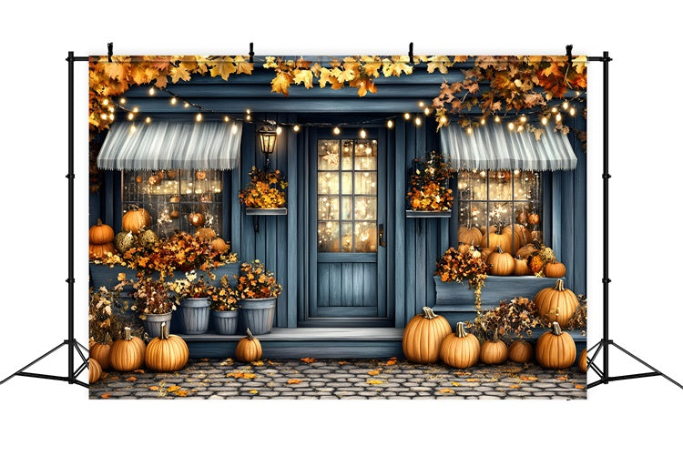 Toile de fond Automne Véranda Chalet Bleu Citrouilles GQ5-92