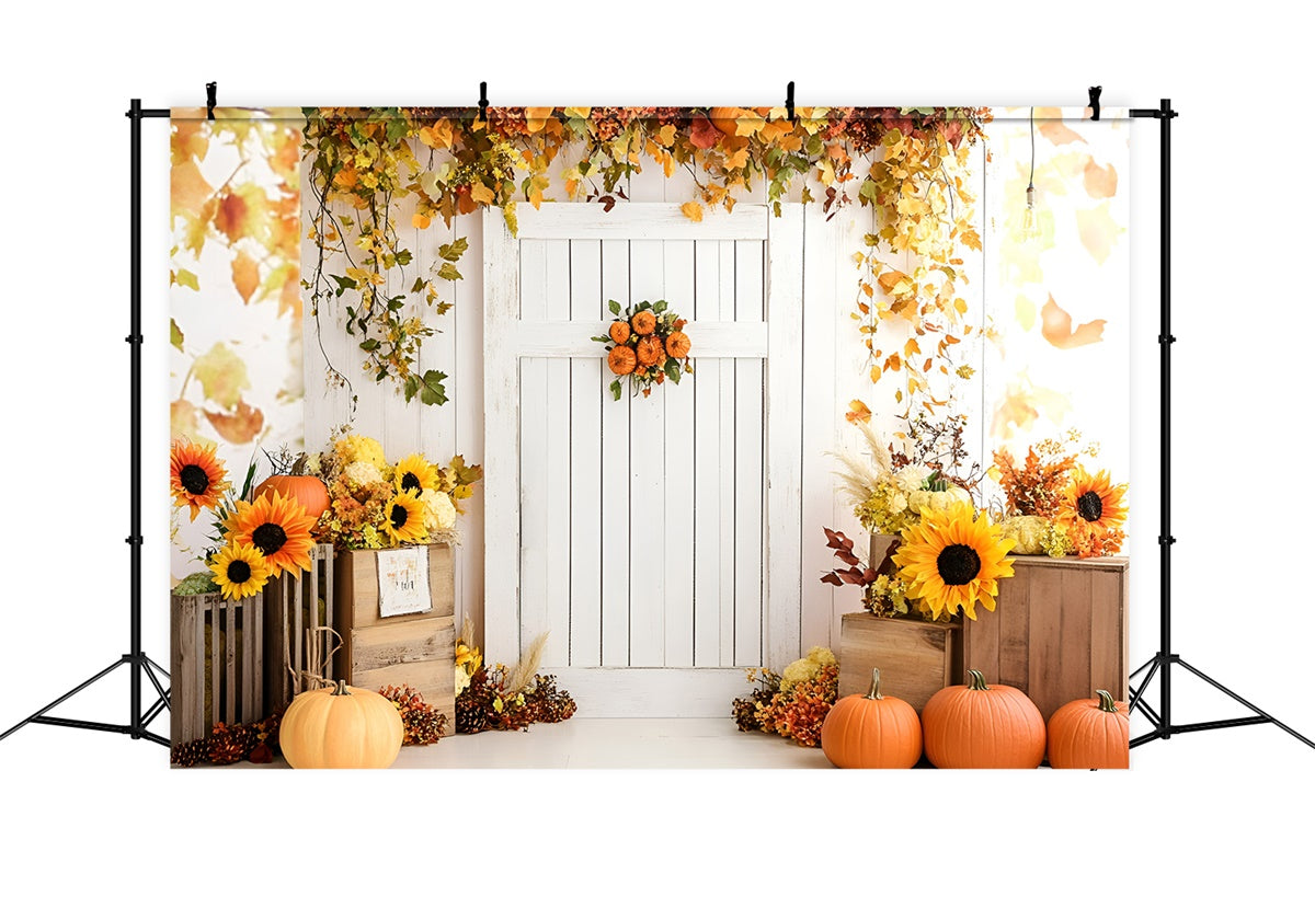 Toile de fond Automne Porte Blanche Tournesols Citrouilles GQ5-95