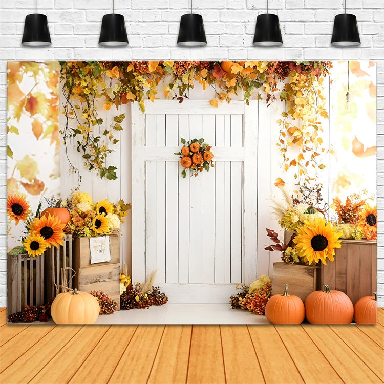 Toile de fond Automne Porte Blanche Tournesols Citrouilles GQ5-95