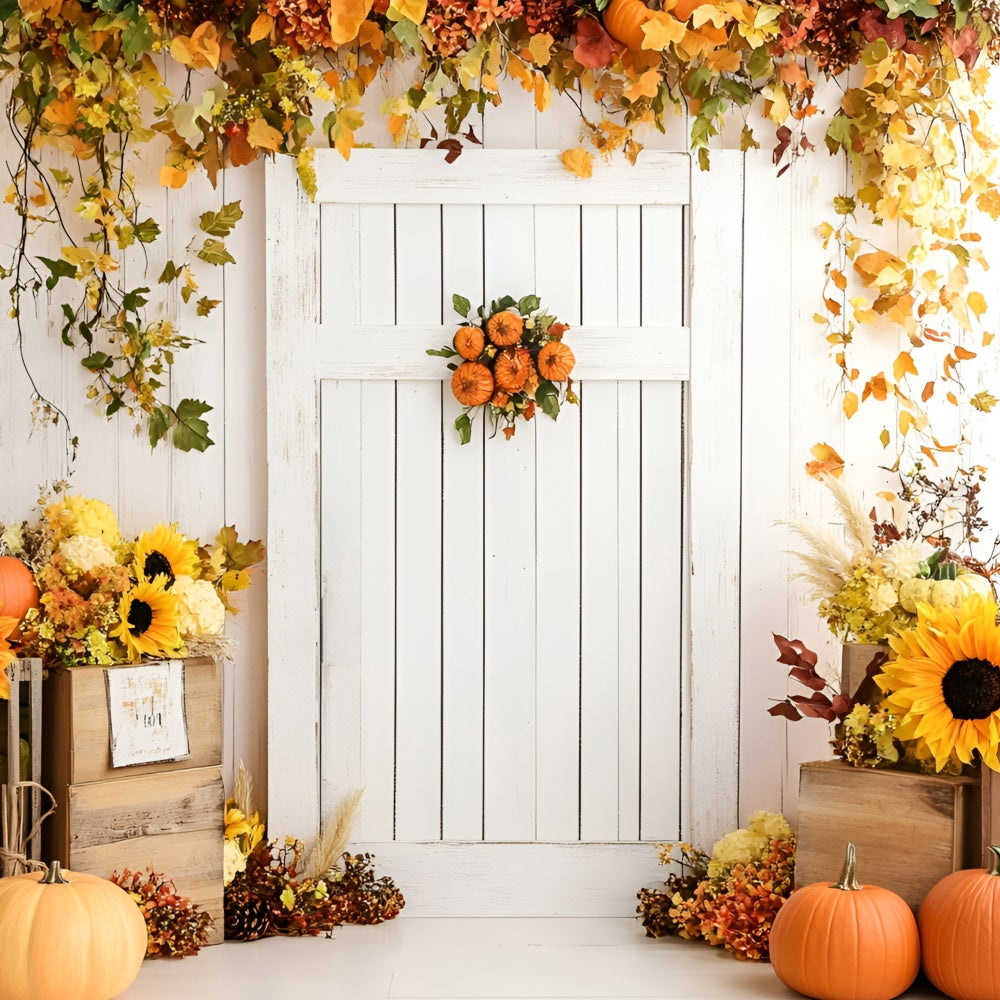Toile de fond Automne Porte Blanche Tournesols Citrouilles GQ5-95