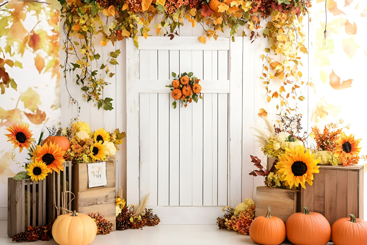 Toile de fond Automne Porte Blanche Tournesols Citrouilles GQ5-95