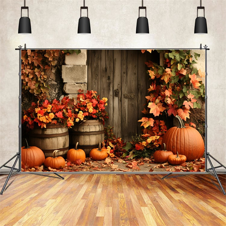 Toile de fond Photo Automne Feuilles Porte en Bois Fleurs d’Automne GQ5-98