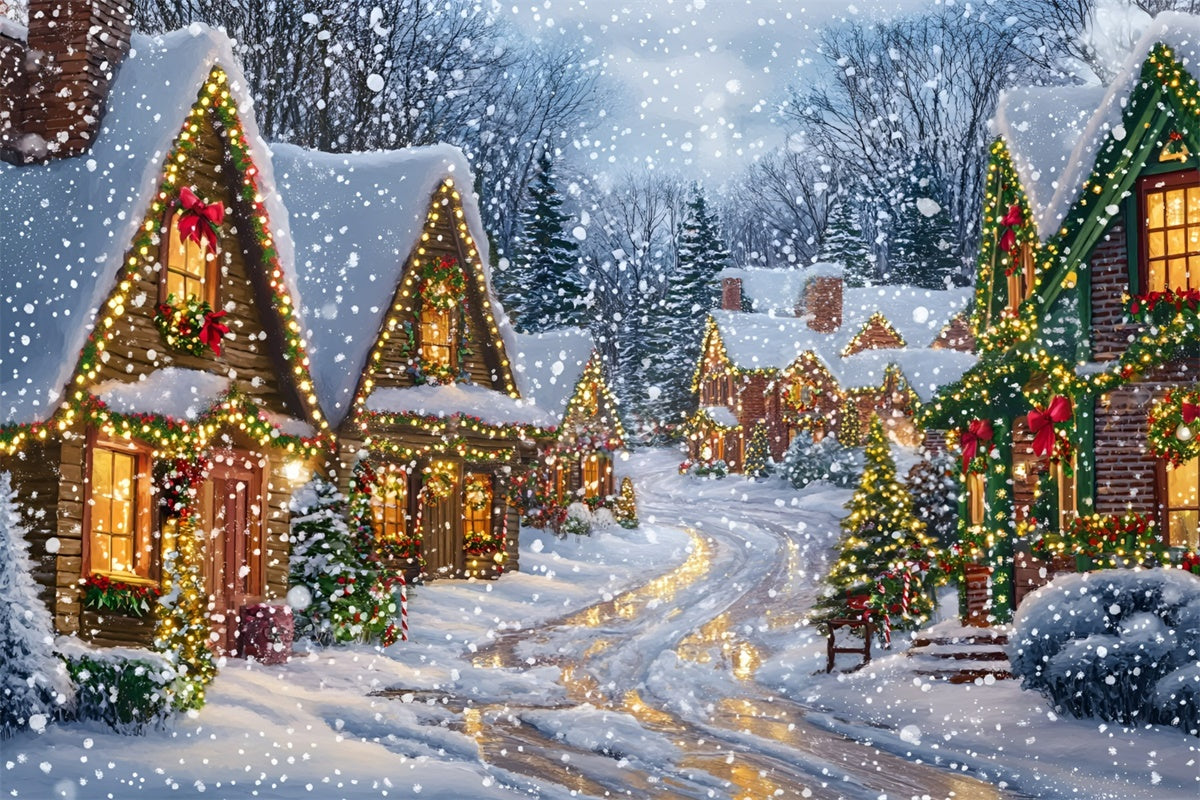 Toile de fond de Noël Village Nuit Silencieuse Neige GQ57-10