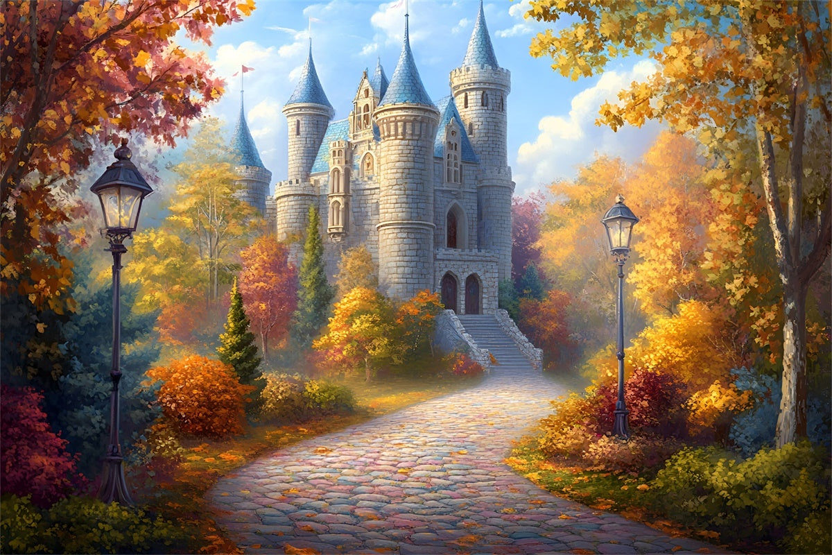 Toile de fond Photo Automne Sentier Doré Forêt Château GQ57-104