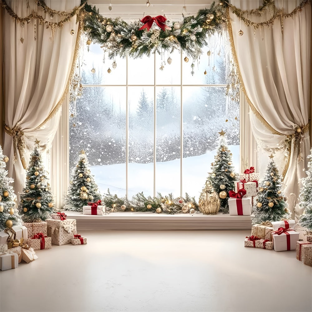 Toile de fond Noël Fenêtre Forêt Festive GQ57-11