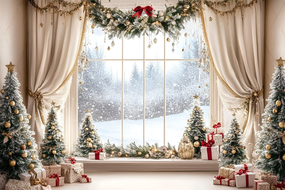 Toile de fond Noël Fenêtre Forêt Festive GQ57-11