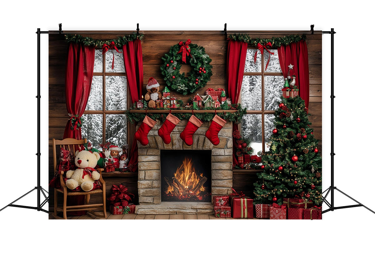 Toile de fond de Noël Foyer Rustique et Sapin GQ57-13