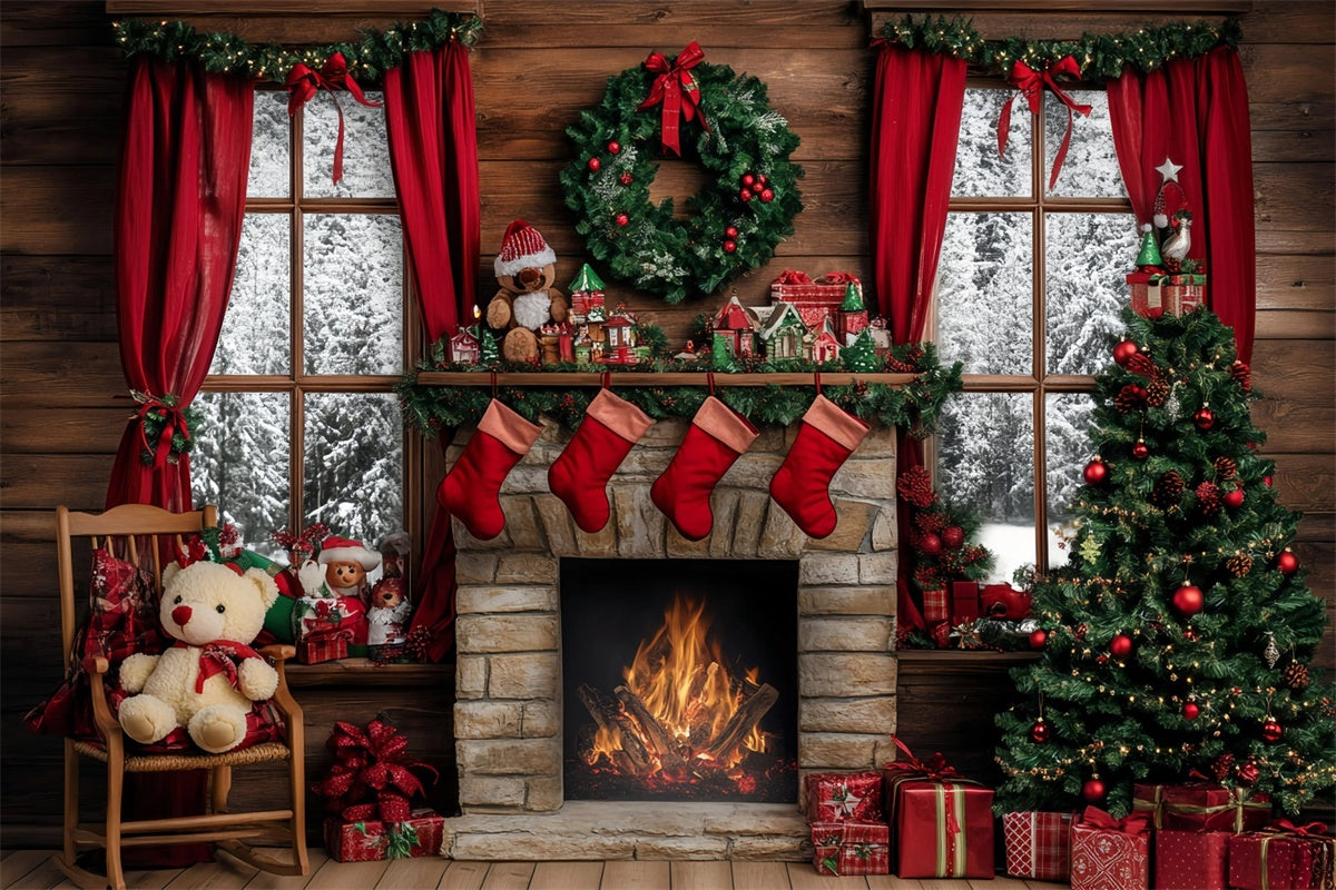 Toile de fond de Noël Foyer Rustique et Sapin GQ57-13
