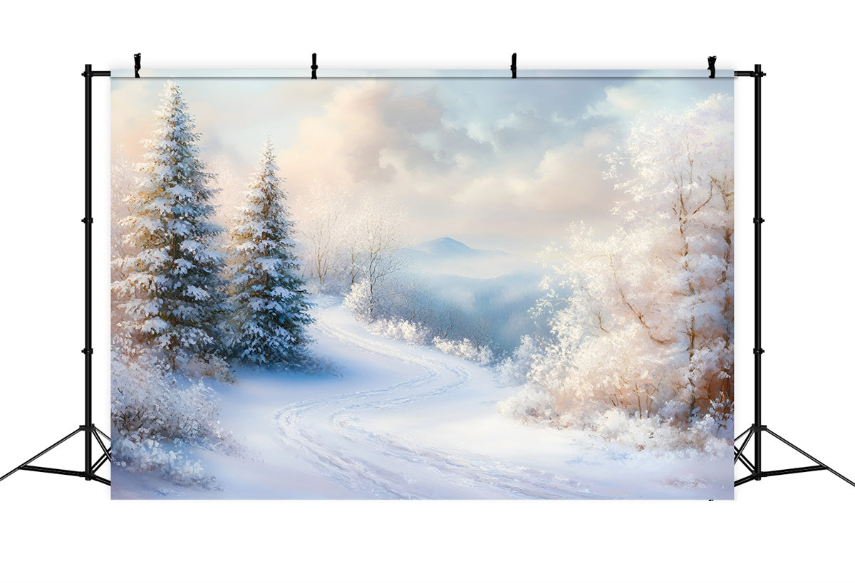 Toile de fond Hiver Vallée de Pins Givrés Sentier GQ57-138