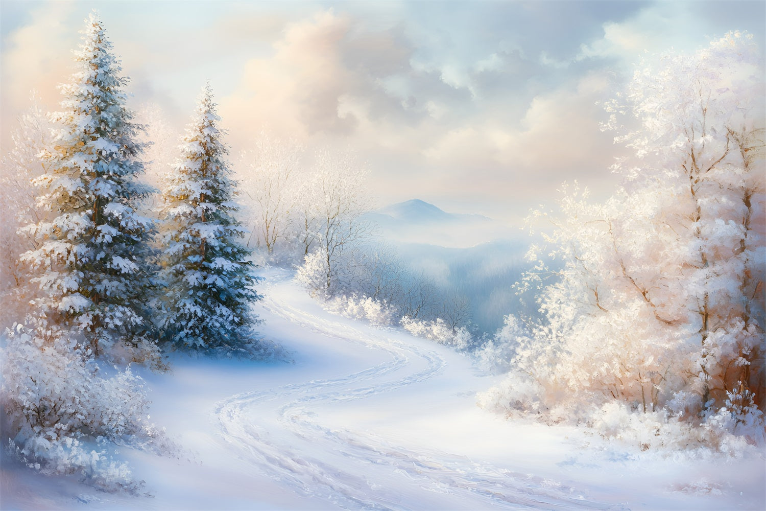 Toile de fond Hiver Vallée de Pins Givrés Sentier GQ57-138