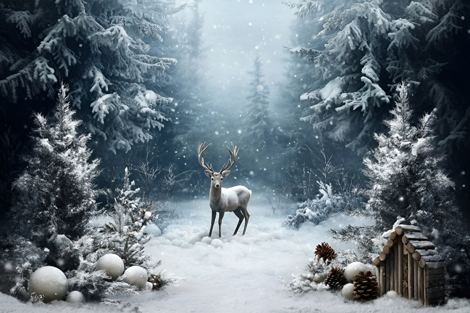 Toile de fond Hiver Cerf Pin Enneigé GQ57-164
