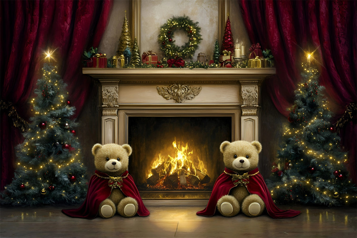 Toile de fond de Noël Cheminée Ourson de Noël GQ57-27