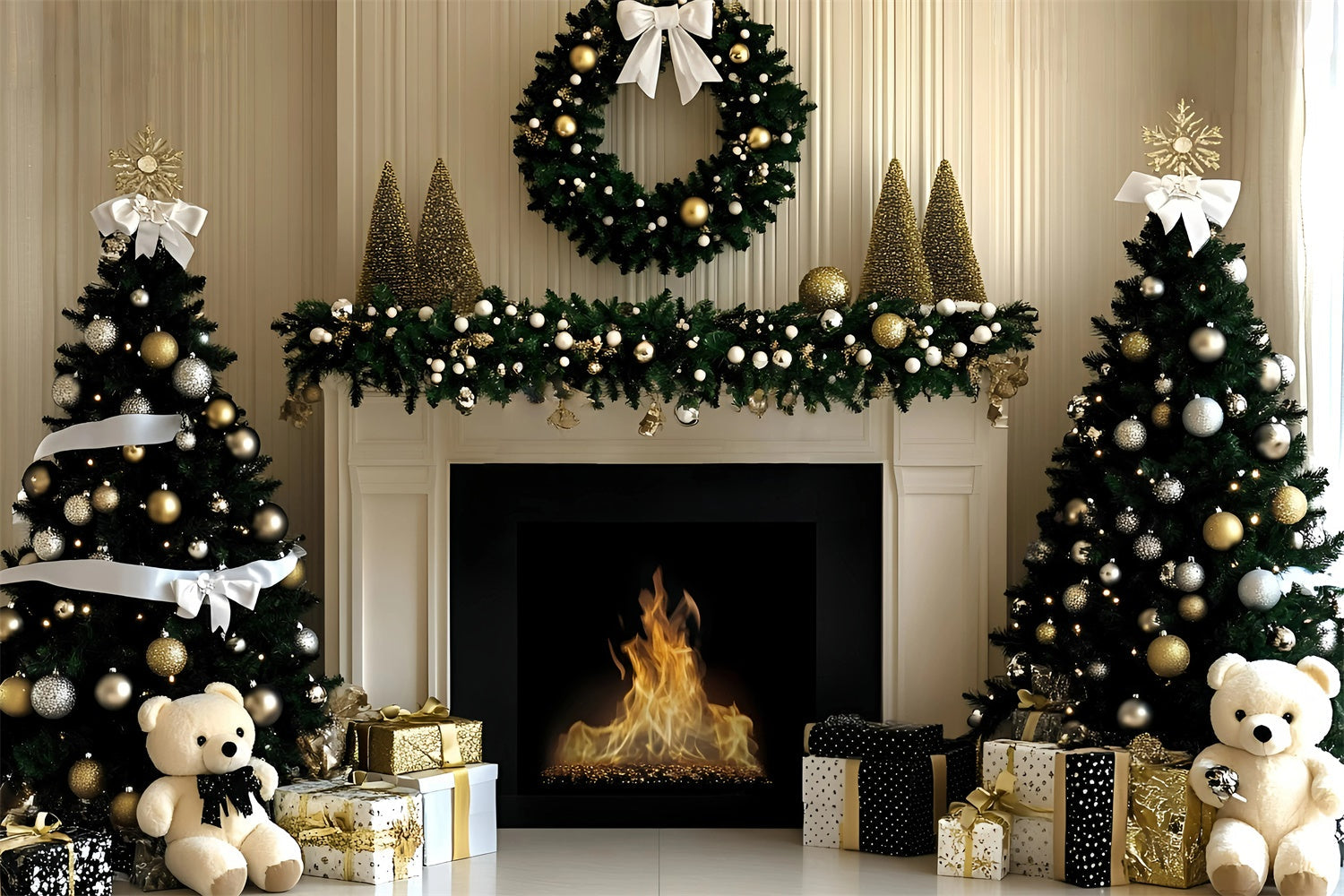 Toile de fond de Noël Cheminée Élégante Or de Noël GQ57-4