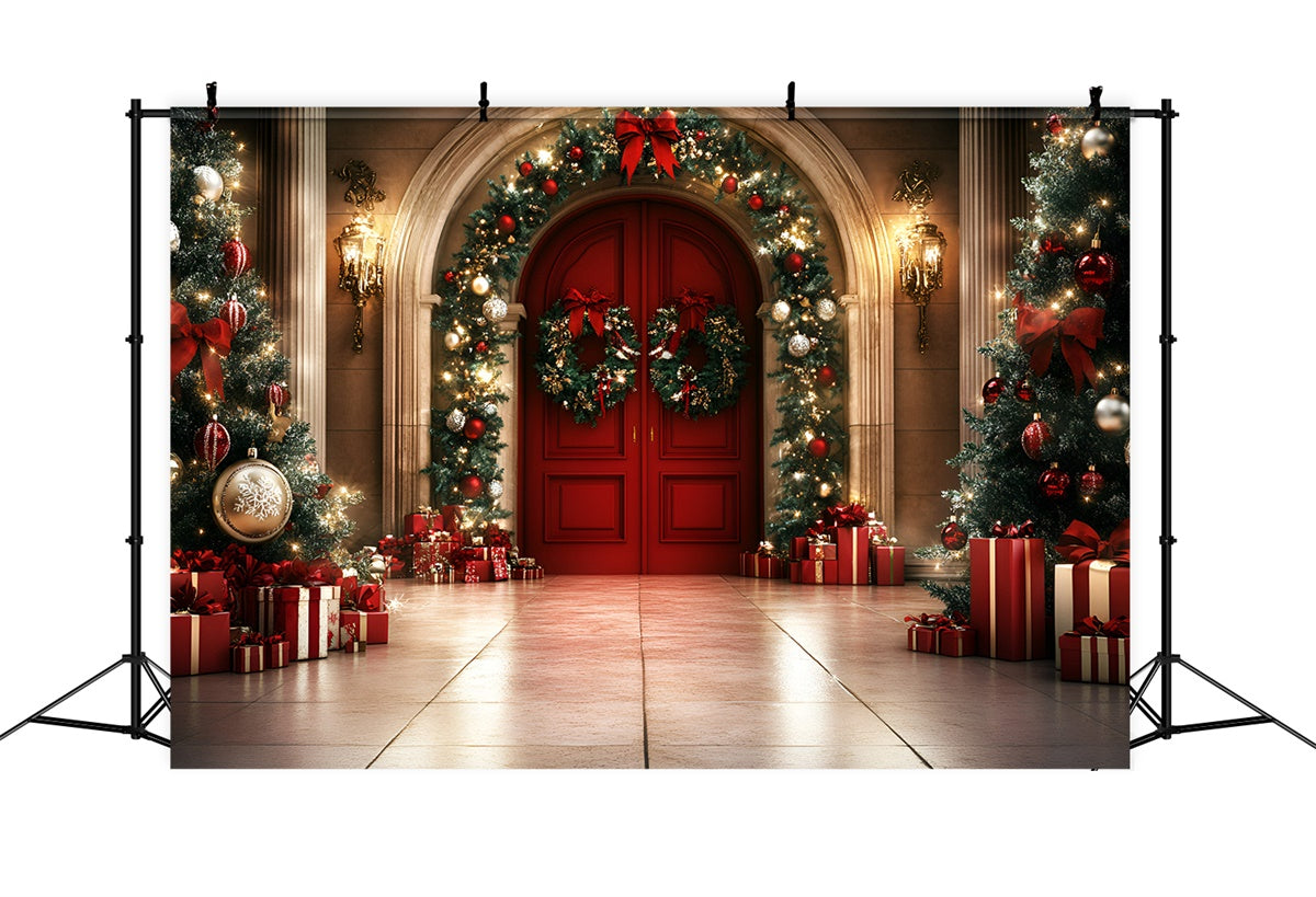 Toile de fond Noël Porte Rouge Guirlande Lumineuse GQ57-43