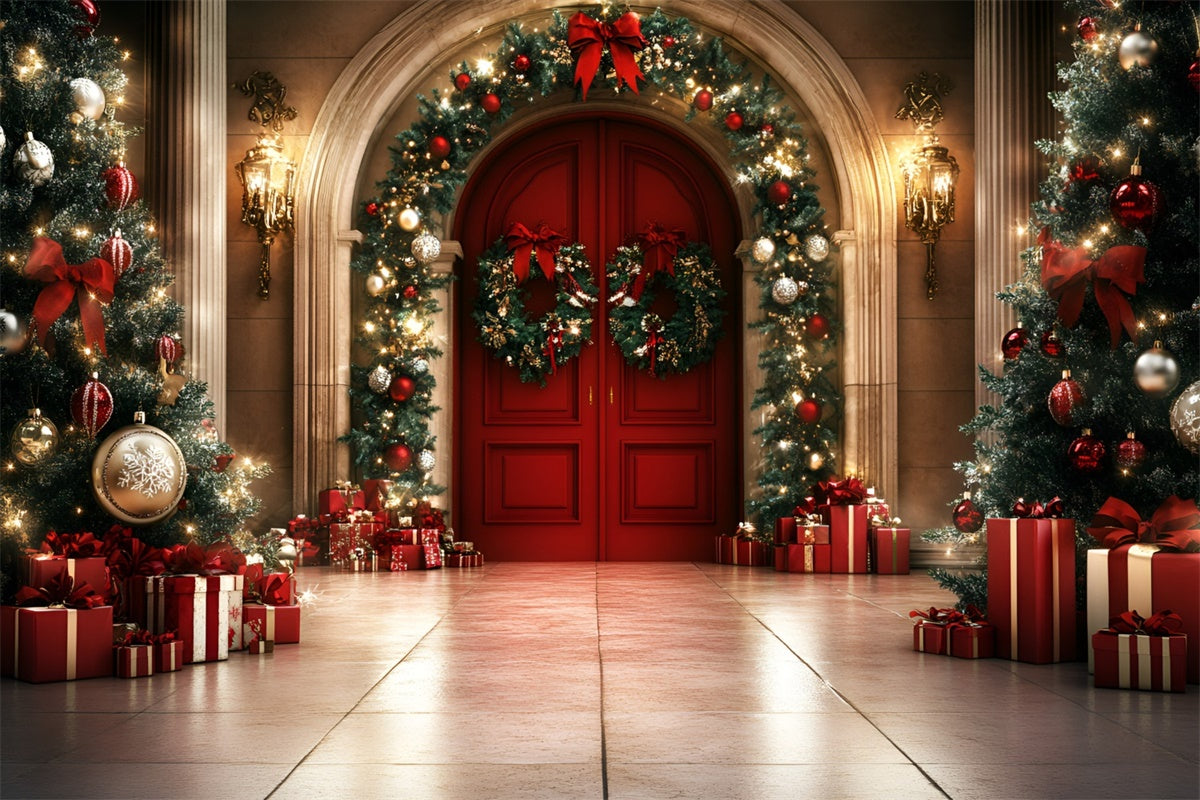 Toile de fond Noël Porte Rouge Guirlande Lumineuse GQ57-43
