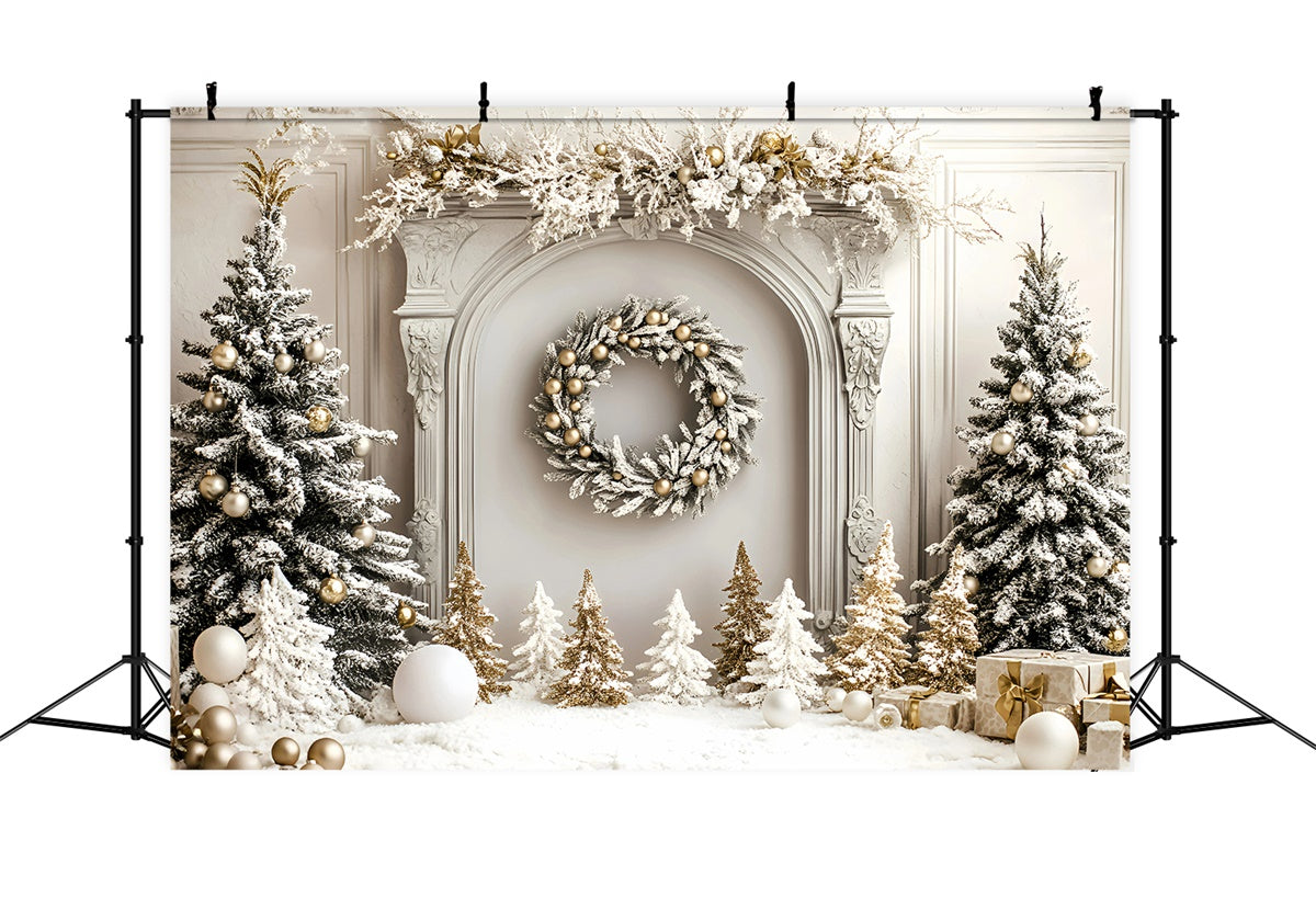 Toile de fond Noël Cheminée Hivernale Sapin Doré GQ57-46