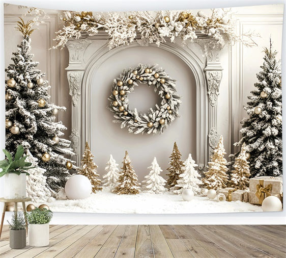Toile de fond Noël Cheminée Hivernale Sapin Doré GQ57-46