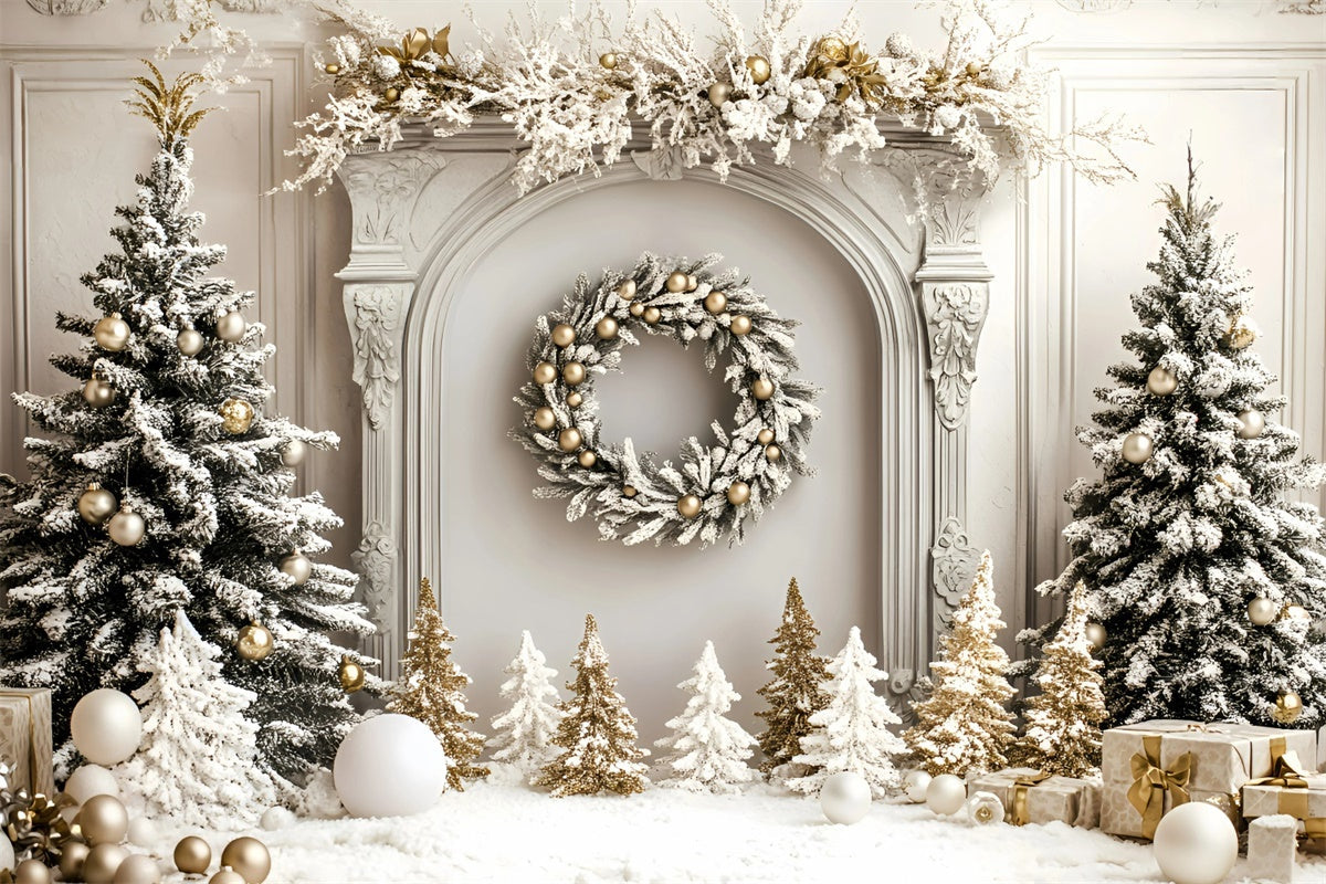 Toile de fond Noël Cheminée Hivernale Sapin Doré GQ57-46