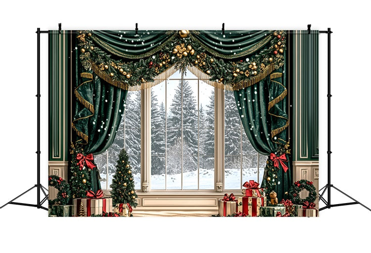 Toile de fond Noël Rideaux Guirlande Dorée GQ57-47