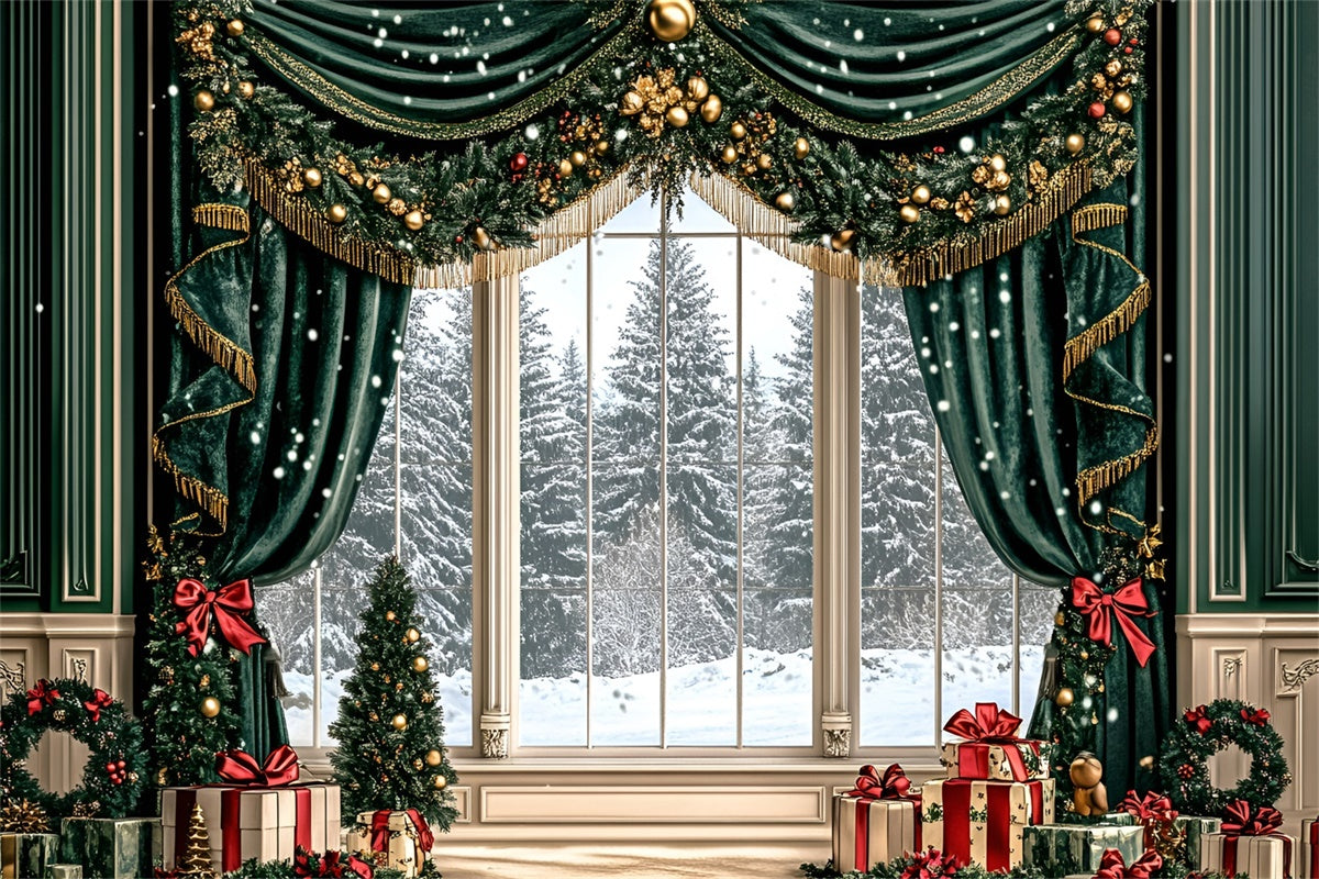 Toile de fond Noël Rideaux Guirlande Dorée GQ57-47