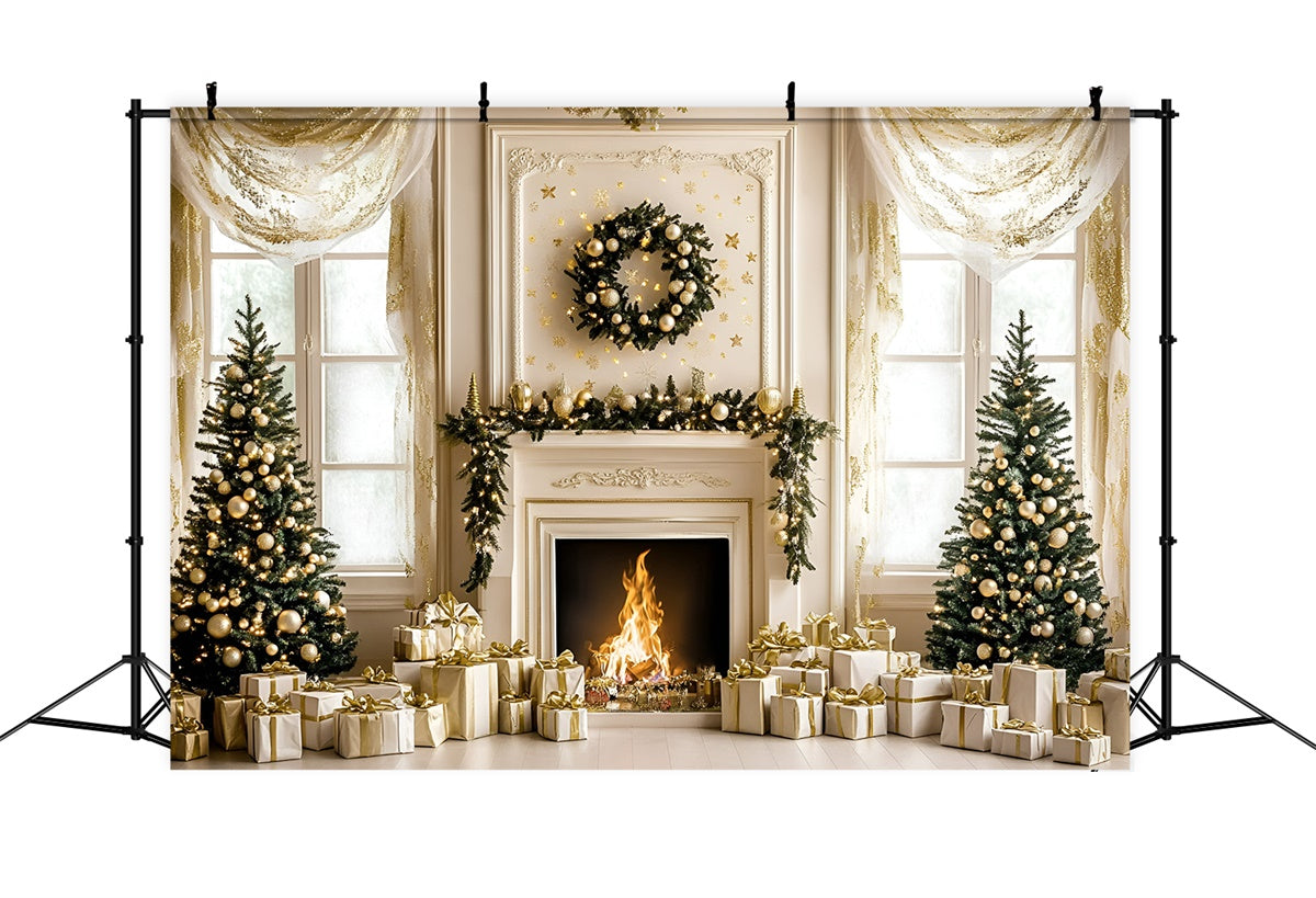 Toile de fond de Noël Cheminée Or Blanc de Noël GQ57-48