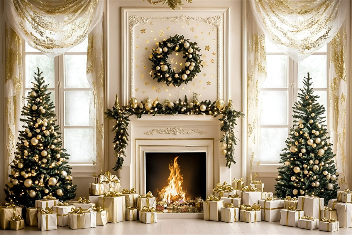 Toile de fond de Noël Cheminée Or Blanc de Noël GQ57-48