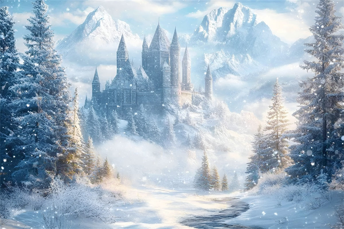 Toile de fond Forêt Neige Château Glacé Enchanté GQ57-66