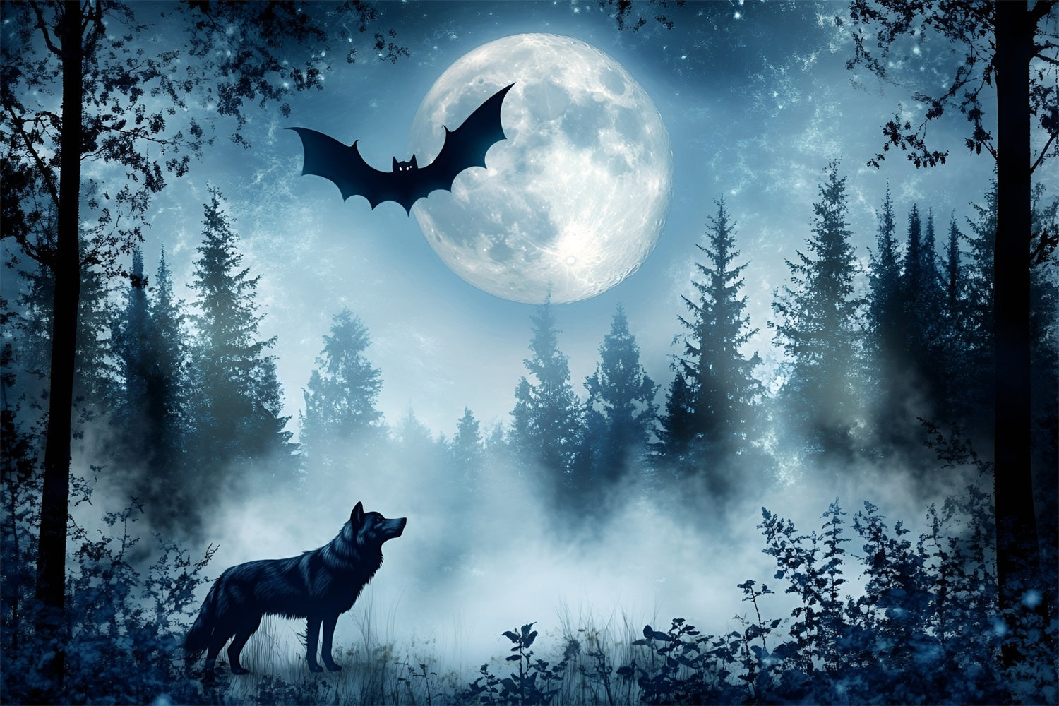 Toile de fond Forêt Effrayante Loup Chauve-Souris Crépuscule GQ57-82