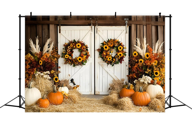 Toile de fond Déco Automne Porte Grange Citrouilles Foin Couronne GQ57-95