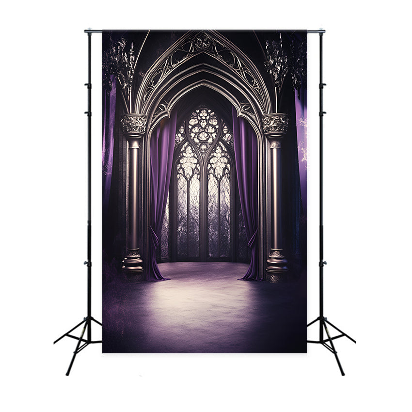 Fond Photo Vintage Fenêtre Cintrée Cathédrale Drapée Violette GQ58-113