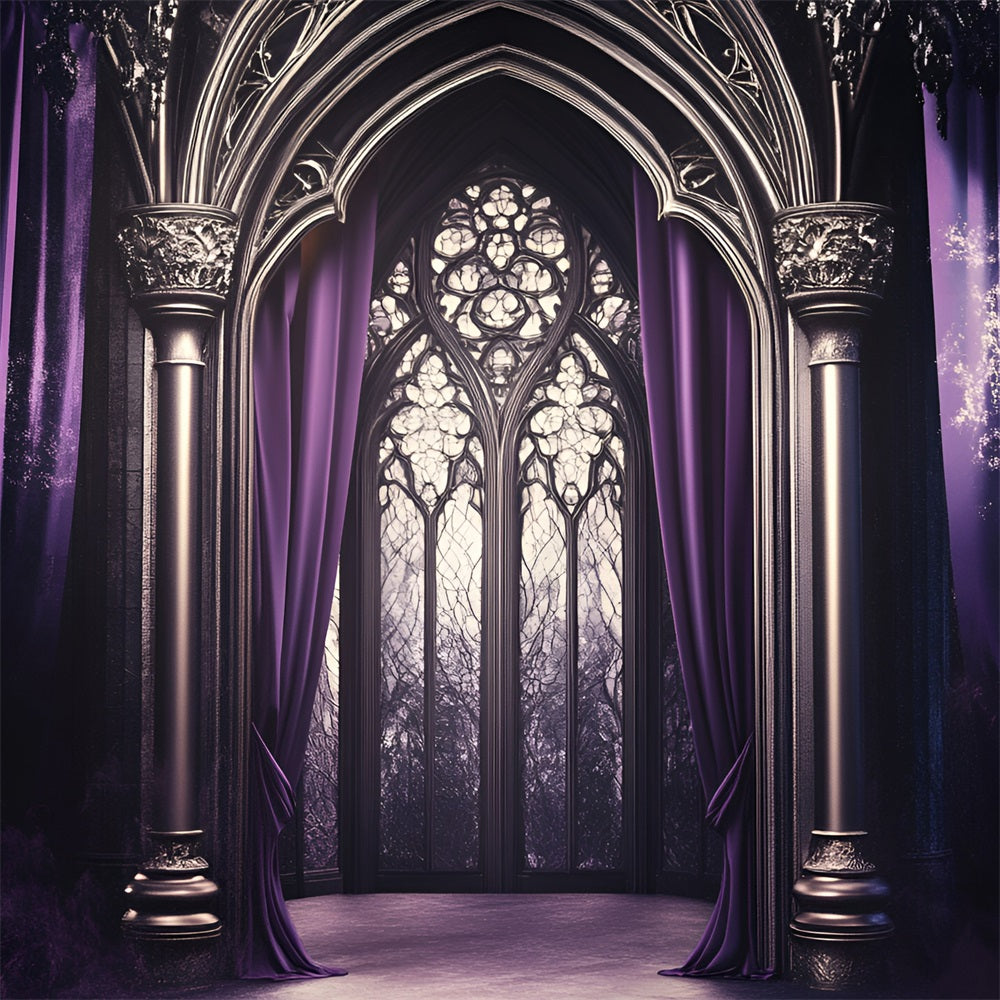 Fond Photo Vintage Fenêtre Cintrée Cathédrale Drapée Violette GQ58-113