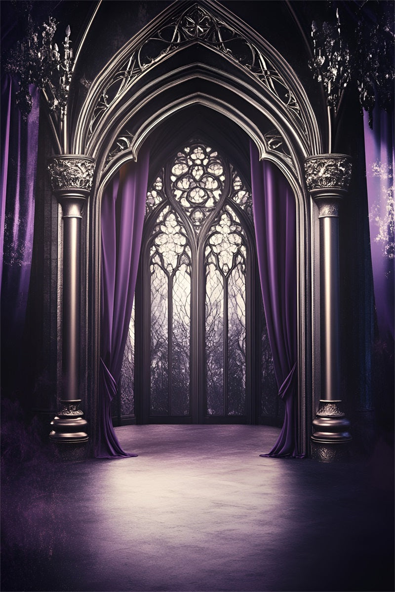 Fond Photo Vintage Fenêtre Cintrée Cathédrale Drapée Violette GQ58-113