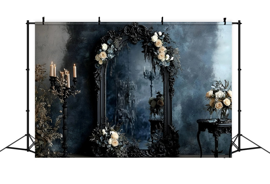 Fond Photo Vintage Miroir Orné Noir Roses Ivoire GQ58-115