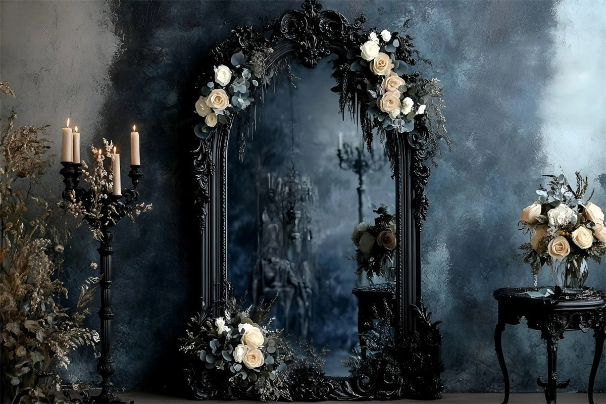 Fond Photo Vintage Miroir Orné Noir Roses Ivoire GQ58-115