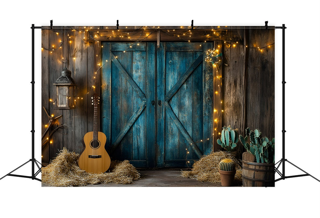 Toile de fond Vintage Portes De Grange Bleues Rustiques Guitare Cactus GQ58-119