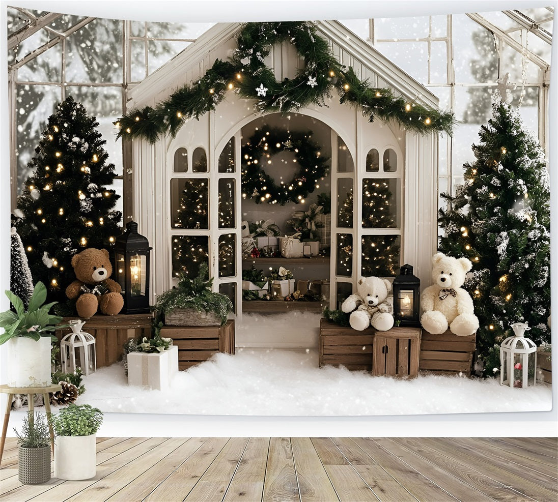 Toile de fond Noël Serre Douillette et Ours en Peluche Blanc GQ58-12