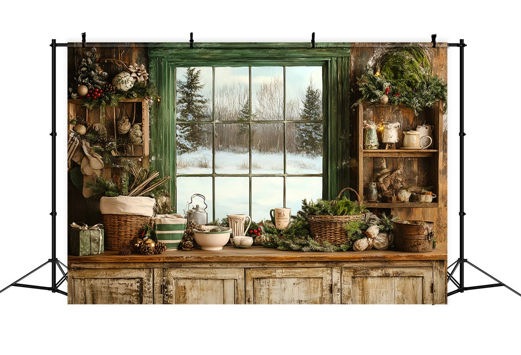 Toile de fond Vintage Fenêtre Cuisine Hivernale Douillette Verdure Festive GQ58-121