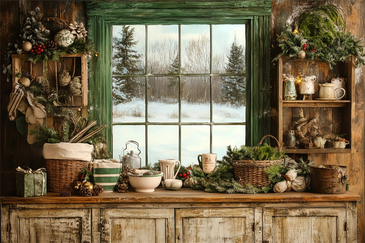 Toile de fond Vintage Fenêtre Cuisine Hivernale Douillette Verdure Festive GQ58-121