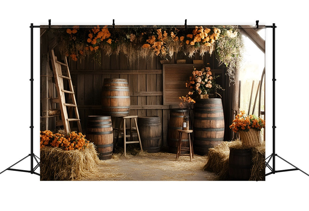 Toile de fond Photo Vintage Barils De Grange Rustiques Arrangements Floraux Oranges GQ58-122