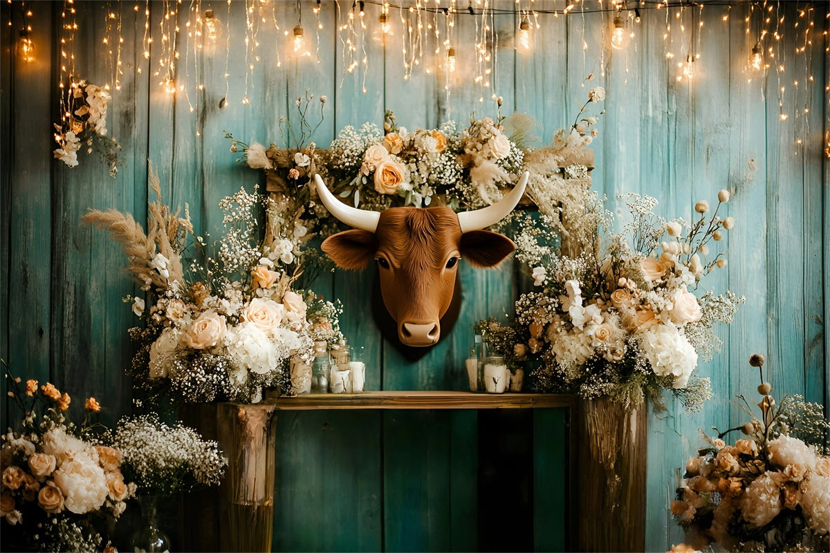 Toile de fond Photo Vintage Arrangement Mural Rustique Floral Longhorn GQ58-123