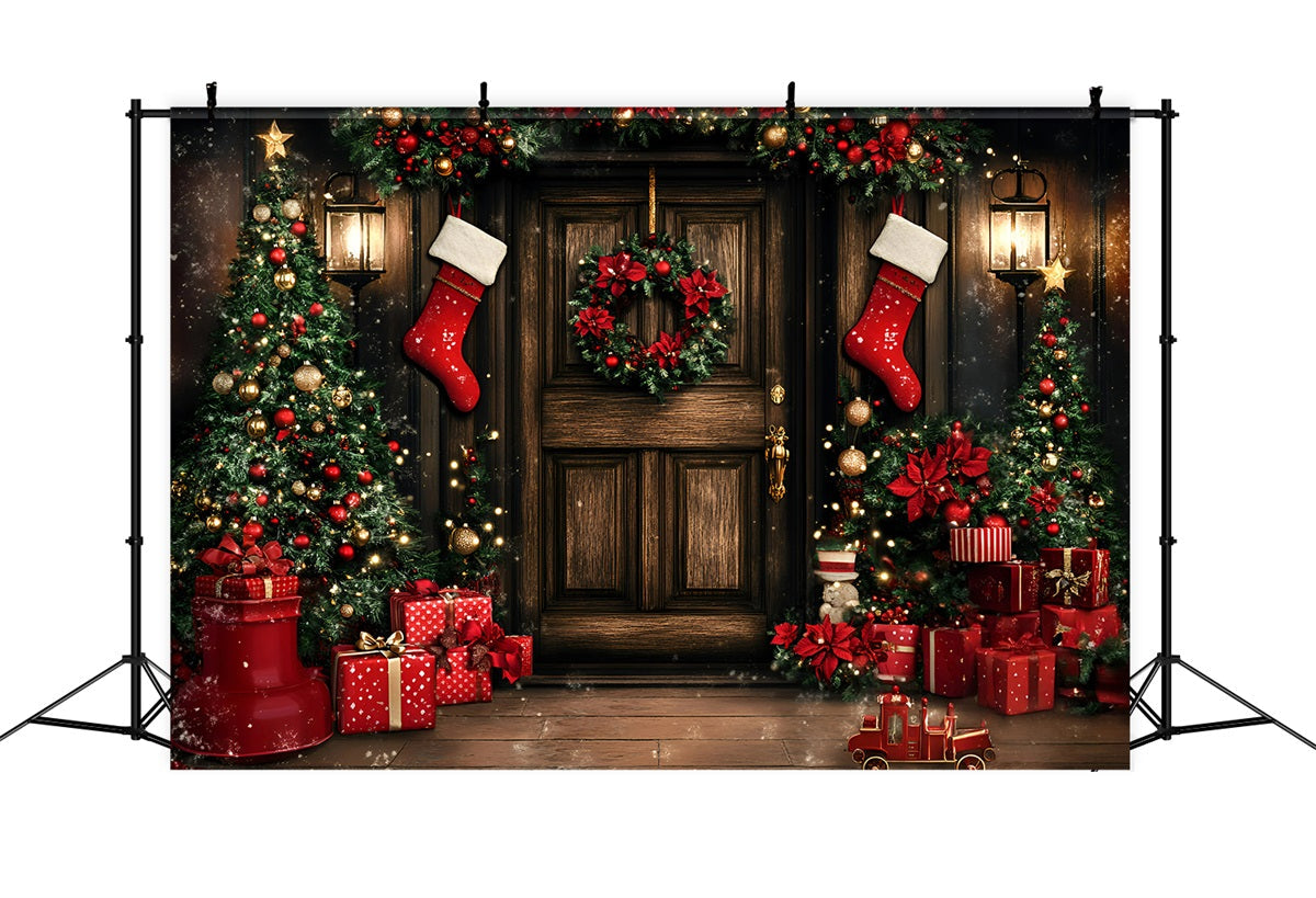 Toile de fond Noël Mur Bois Vintage Brun et Cadeaux Rouges GQ58-13